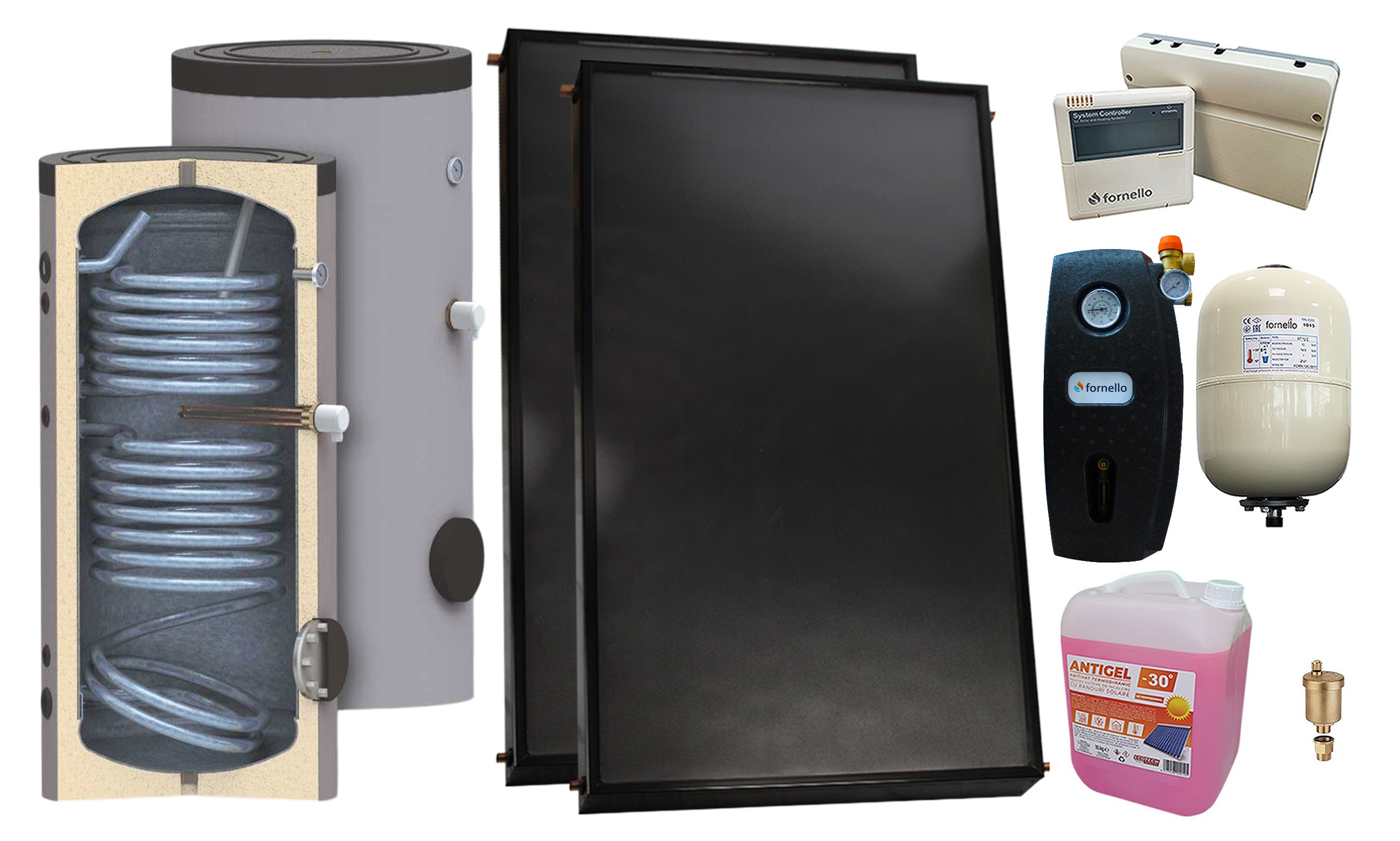 Pachet premium sistem solar presurizat, 2 x Panou solar plan Fornello 2.0 m² SPFP, Boiler cu 2 serpentine SON 150 l, grup pompare, controller, vas expansiune, antigel, aerisitor 1/2