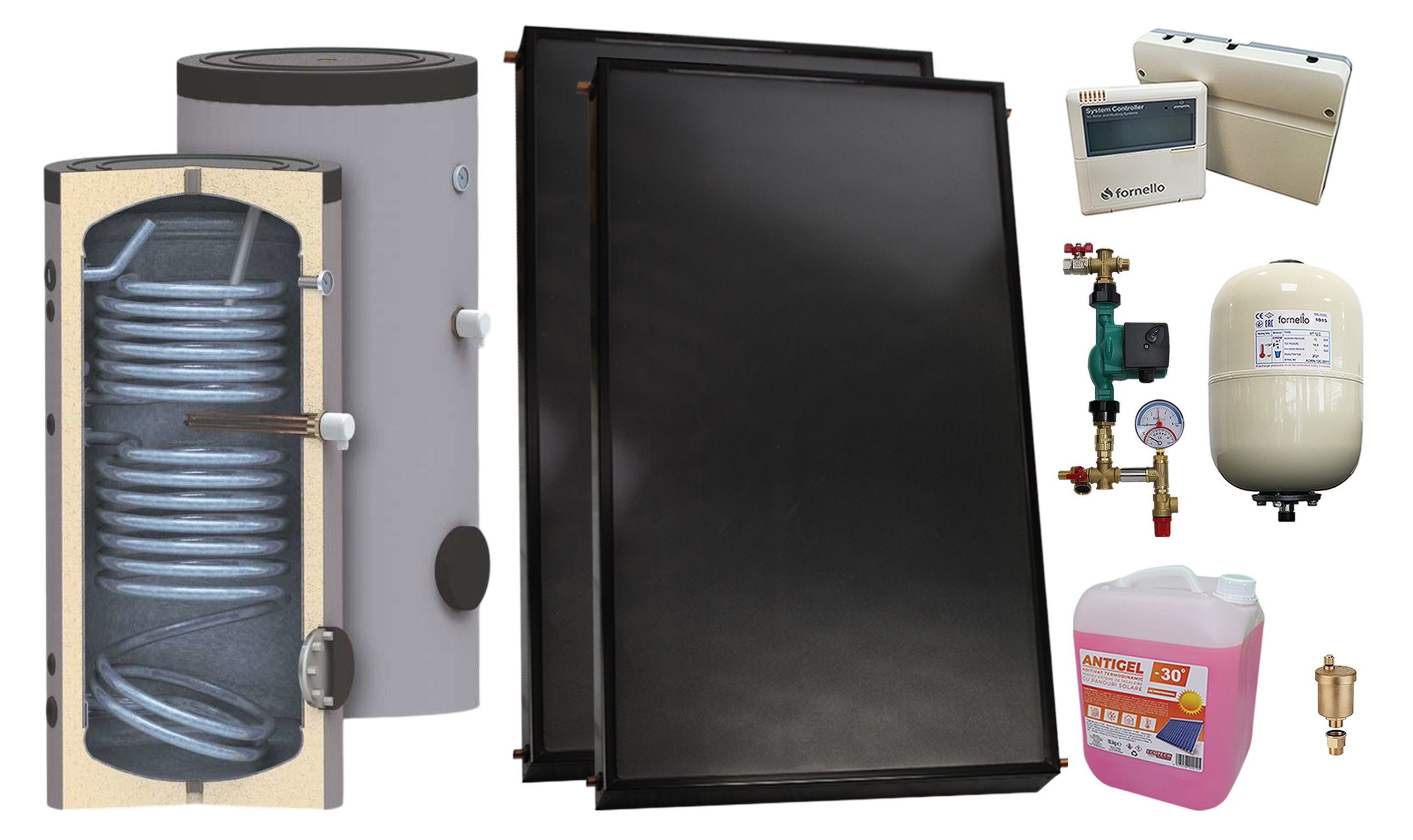 Pachet sistem solar presurizat, 2 x Panou solar plan Fornello 2.0 m² SPFP,  Boiler cu 2 serpentine SON 150 l, grup pompare, controller, vas expansiune, antigel, aerisitor 1/2, supapa 1/2