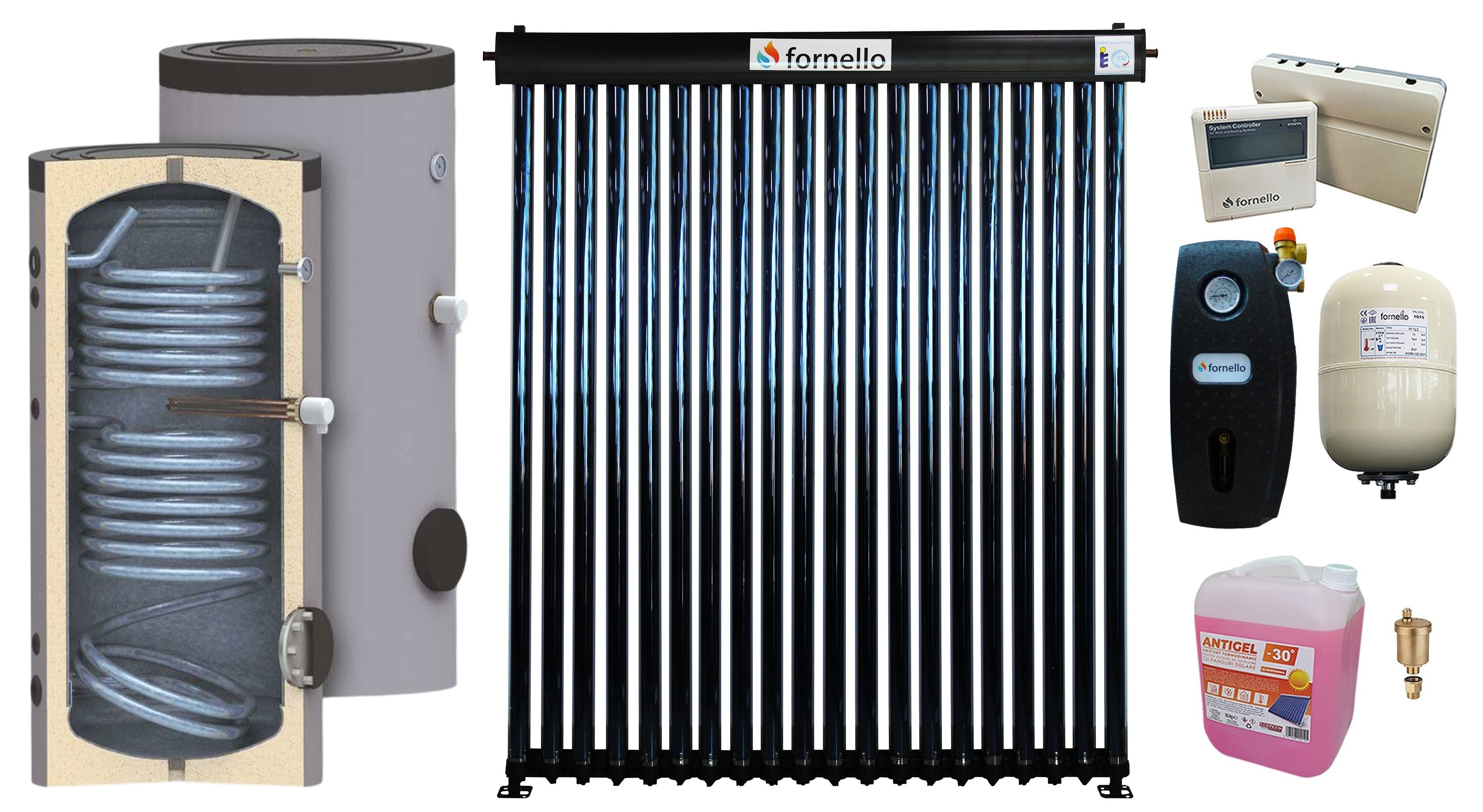 Pachet sistem solar presurizat, Panou Fornello 20 Tuburi Heat Pipe, Boiler cu 2 serpentine SON 150 litri, Controller, Vas expansiune, Grup pompare, Aerisitor, Antigel