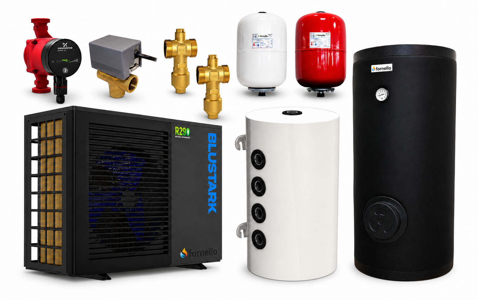 Pachet pompa de caldura Fornello BLUSTARK monobloc, aer-apa, ecologica R290, 6 kW, Qsense 6, Boiler Fornello Sol 200 litri 2S, Puffer 80 litri, pompa circulatie Grundfos Alpha, Vana deviatoare 3 cai, Valve anti-inghet si Vase expansiune