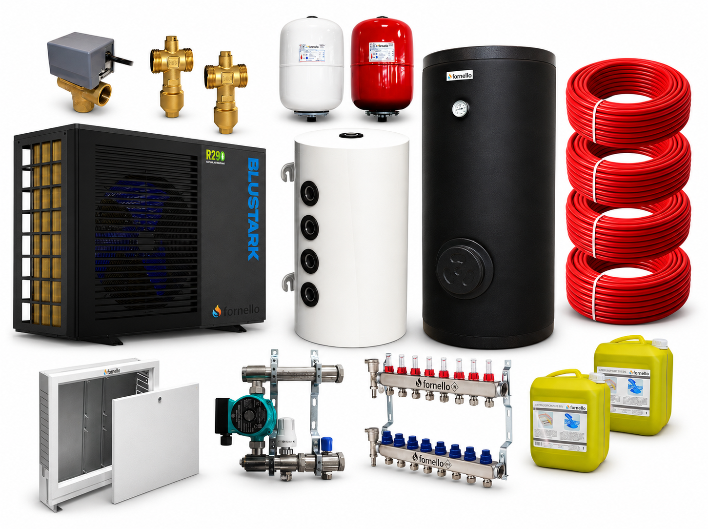 Pachet incalzire prin pardoseala 80 mp cu pompa de caldura Fornello BLUSTARK R290, 6 kW, Teava, Distribuitor, Grup amestec, Boiler 200 litri 2S, Puffer 80 litri, Vana deviatoare 3 cai, Valve anti-inghet si Vase expansiune