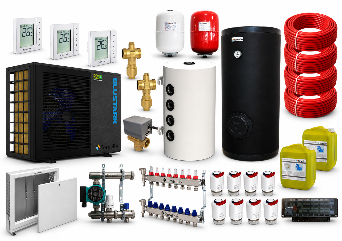 Pachet incalzire prin pardoseala 80 mp cu pompa de caldura Fornello BLUSTARK R290, 6 kW, Automatizare, Teava, Distribuitor, Grup amestec, Boiler 200 litri 2S, Puffer 80 litri, Vana deviatoare 3 cai, Valve anti-inghet si Vase expansiune