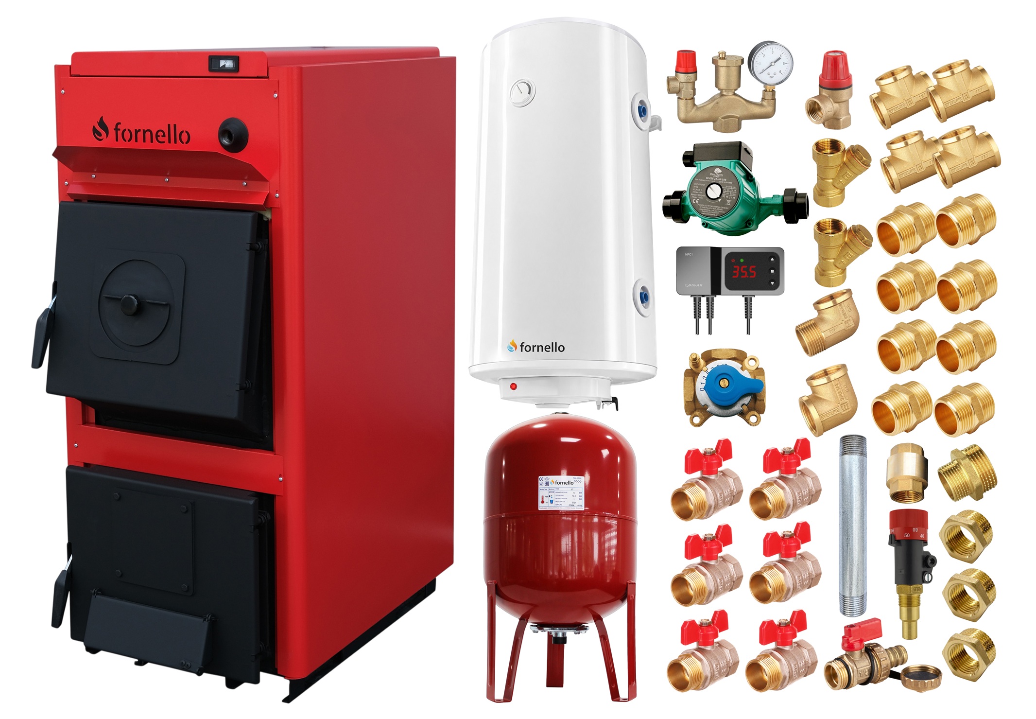 Pachet centrala pe combustibil solid Fornello T-PRO 25 kW, boiler, vas expansiune, fitinguri si accesorii de baza