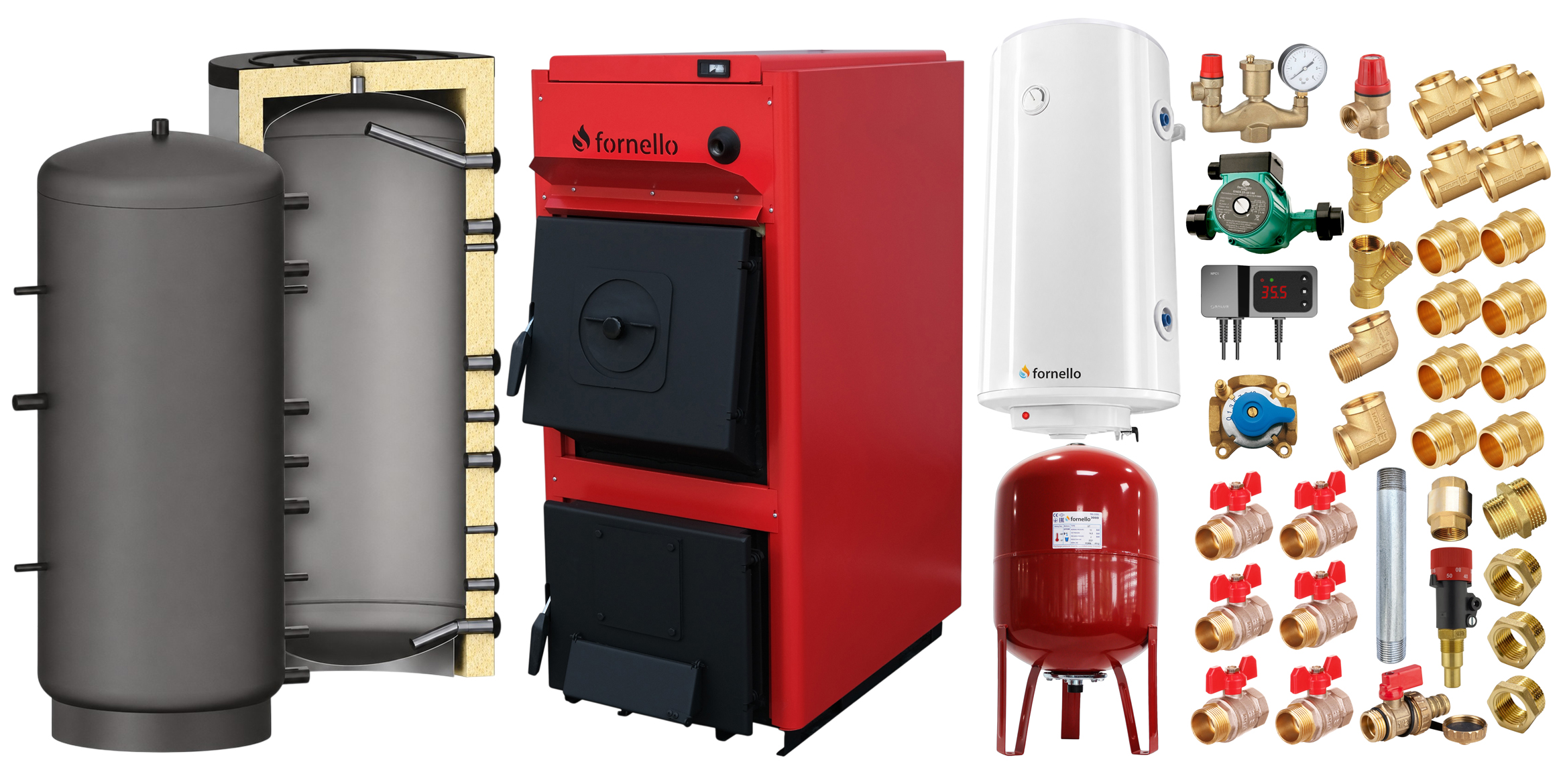 Pachet centrala pe combustibil solid Fornello T-PRO 25 kW, puffer, boiler, vas expansiune, fitinguri si accesorii de baza