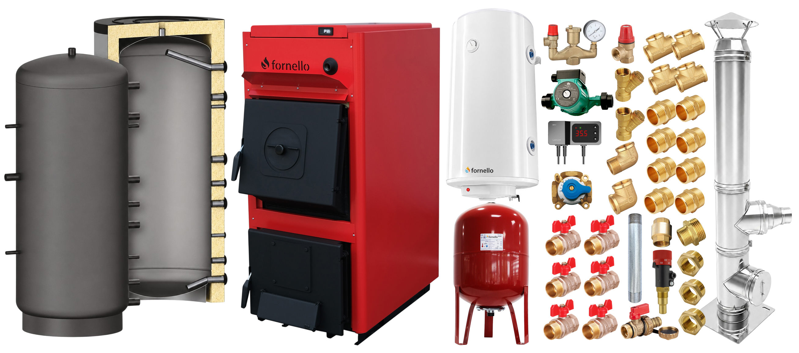 Pachet centrala pe combustibil solid Fornello T-PRO 25 kW, cos inox, puffer, boiler, vas expansiune, fitinguri si accesorii de baza
