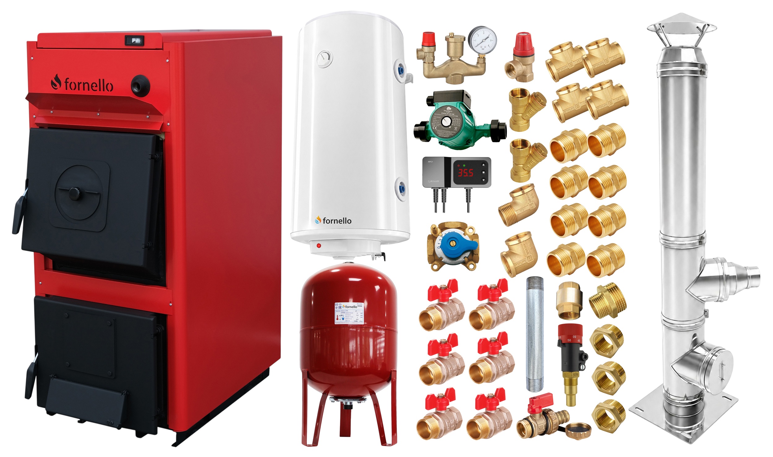 Pachet centrala pe combustibil solid Fornello T-PRO 30 kW, cos inox, boiler, vas expansiune, fitinguri si accesorii de baza