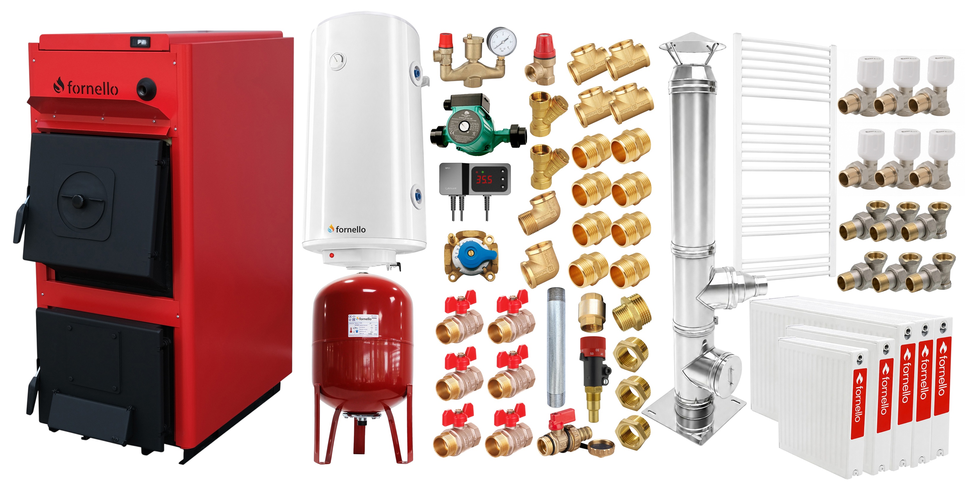 Pachet centrala pe combustibil solid Fornello T-PRO 30 kW, cos inox, radiatoare otel, boiler, vas expansiune, fitinguri si accesorii de baza