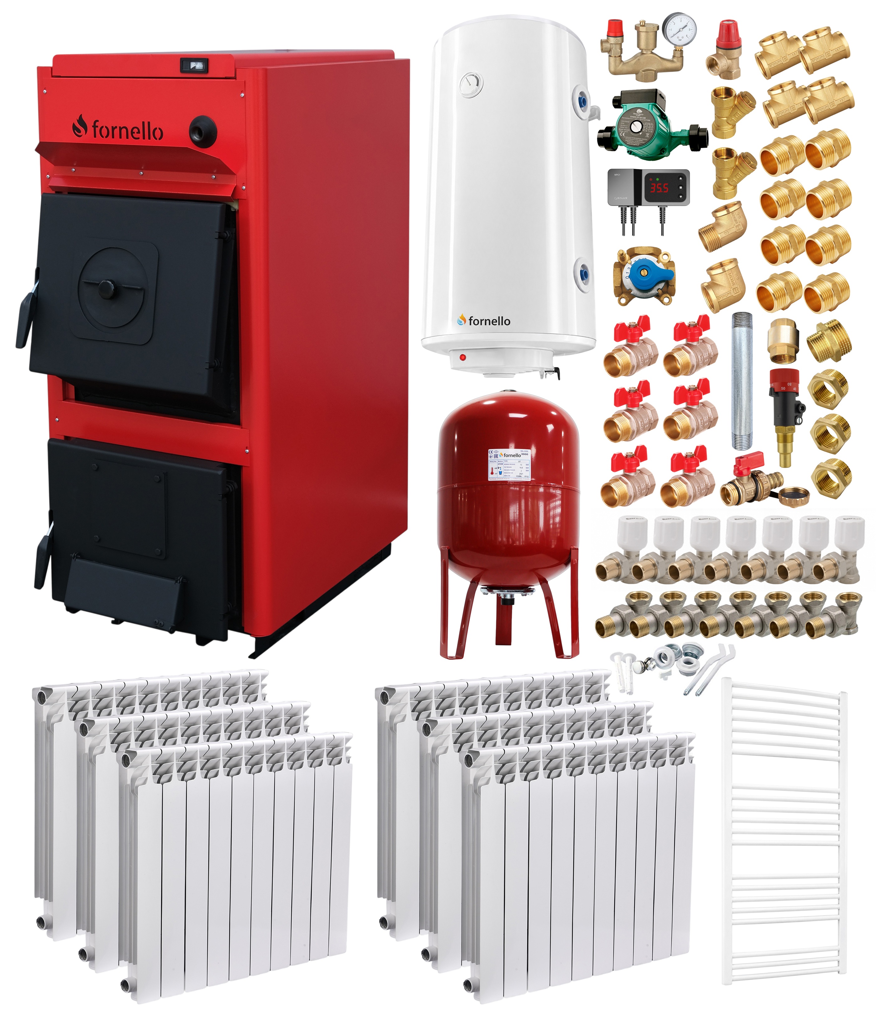 Pachet centrala pe combustibil solid Fornello T-PRO 30 kW, calorifere aluminiu, boiler, vas expansiune, fitinguri si accesorii de baza