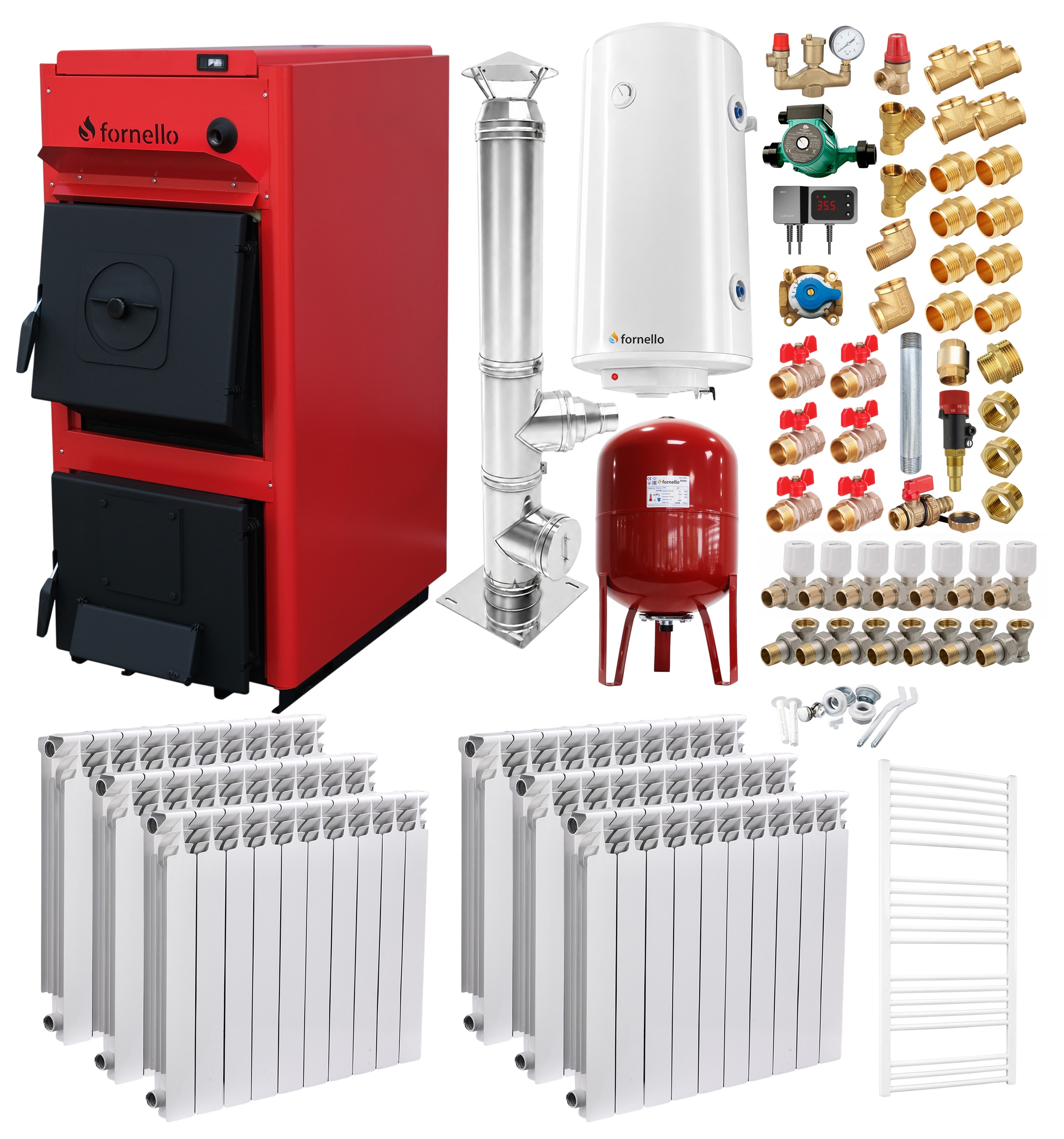 Pachet centrala pe combustibil solid Fornello T-PRO 30 kW, cos Inox, calorifere aluminiu, boiler, vas expansiune, fitinguri si accesorii de baza