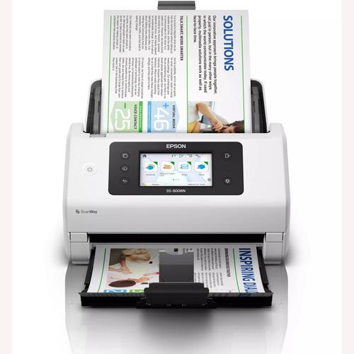 Scanner Documente Epson WorkForce DS-800WN, scanare duplex 50 ppm / 100 ipm, ADF 100 coli, rezolutie 600 dpi, USB 3.2, Wi-Fi, Ethernet, ecran touchscreen 10.9 cm, OCR, PDF Searchable, scanare directa fara PC, retea integrata, Alb