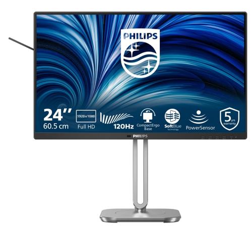 Monitor IPS LED Philips 23.8inch 24B2N4200/00, Full HD (1920 x 1080), VGA, HDMI, DisplayPort, Boxe, Pivot, 120 Hz (Negru/Argintiu)