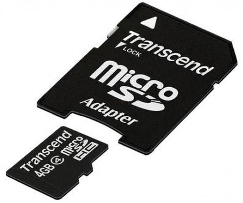 Card de memorie Transcend microSDHC, 4GB, Clasa 4 + Adaptor SD