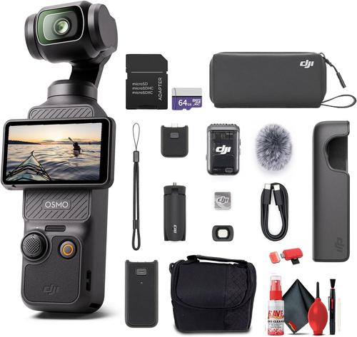 Camera video de actiune DJI Osmo Pocket 3 Creator Combo, 4K 60fps, Ecran LCD 2inch, Stabilizare integrata pe 3 axe, 3 Microfoane incorporate, Android/iOS (Negru)