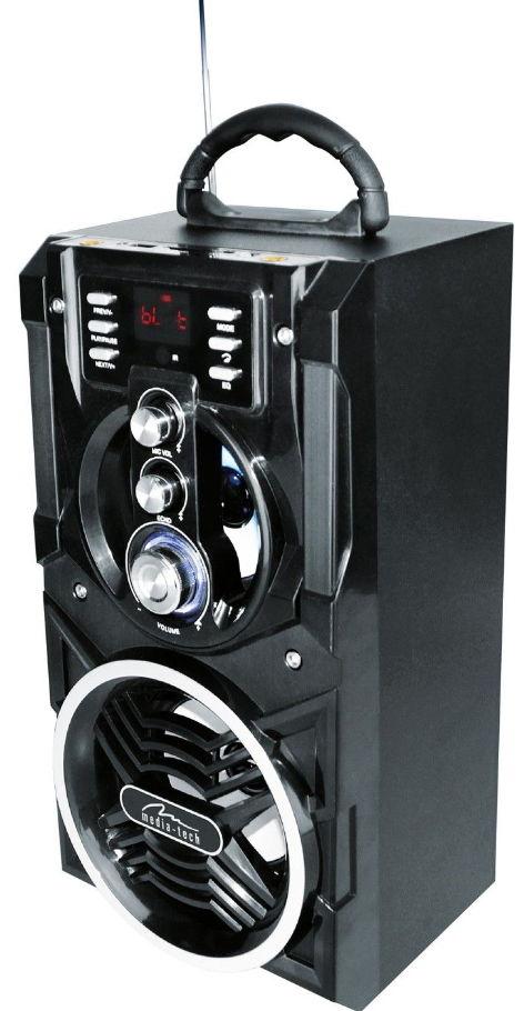 Boxa Karaoke Portabila Media-Tech Partybox BT, Radio FM, MP3 Player, 18W RMS, cu Subwoofer, Incinta Lemn, USB + SD, Telecomanda, Antena (Negru)