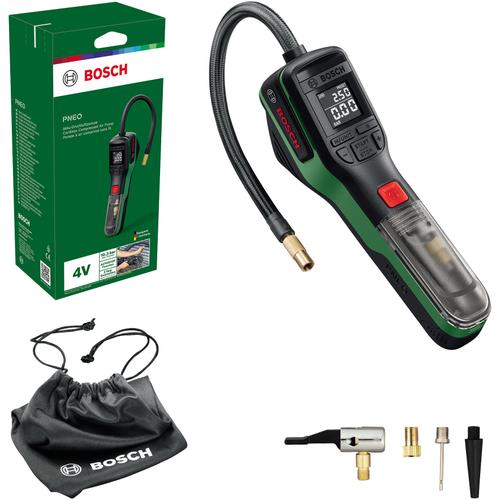 Pompa pneumatica cu acumulator Bosch PNEO 0603947500, 4 V, 3 Ah, 10 bar/150 psi presiune maxima, 1030 kPa putere maxima, 10 l/min volum, supapa, ac pentru minge, adaptor volum, cabluUSB, geanta