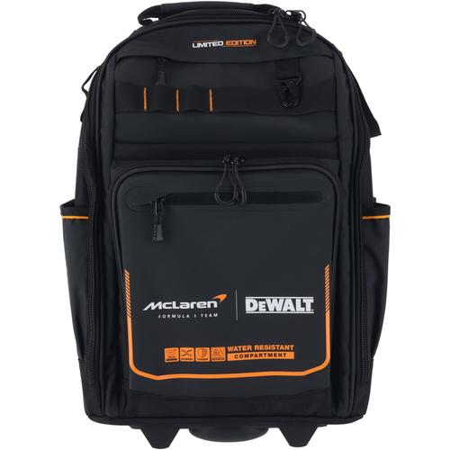 Rucsac cu roti si maner telescopic DeWALT DWST60101-9, editie limitata McLaren, buzunare multiple, piese acoperite cu metal, compartiment impermeabil, baza impermeabila, material durabil, structura consolidata