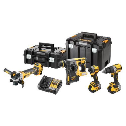 Set de 4 scule profesionale pe acumulator DeWALT DCK429P3T, 18V XR, include: masina de gaurit DCD805, masina de insurubat cu impact DCF850, polizor DCG405, ciocan rotopercutor DCH273, 3x acumulator 5 Ah, incarcator rapid, doua cutii transpo