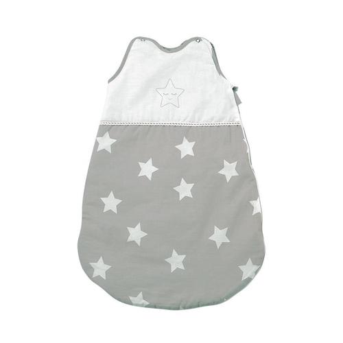 Sac de dormit de vara Lorelli Stars Grey, 0-6 luni, cu broderie, bumbac 100%, inchidere cu capse pe umar si fermoar lateral