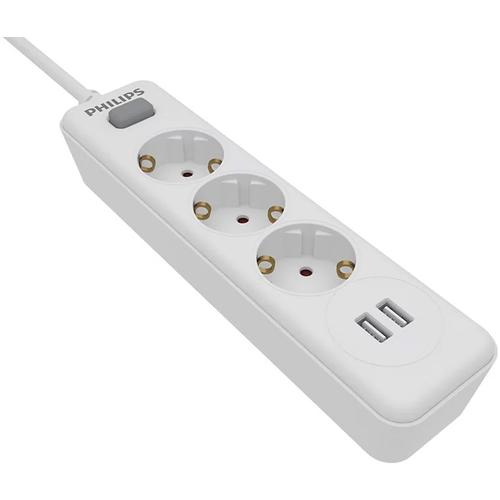 Prelungitor Philips SPN3032WA/58, cu intrerupator, protectie copii, 3 prize, x USB-A, 2 m, Alb