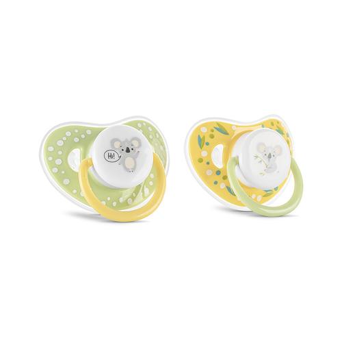 Set 2 suzete cu capac Lorelli, silicon moale, tetina rotunda, 6 luni+, Galben/Verde