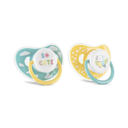 Set 2 suzete cu capac, silicon moale Lorelli, tetina rotunda, 6 luni+, Galben/Albastru
