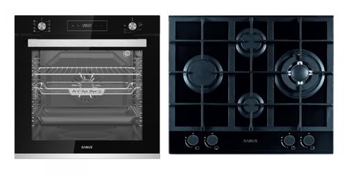 Pachet Samus ONL15 Cuptor incorporabil Samus SCE828GCF3D, 80 l, 2500 W, 8 functii + Plita incorporabila Samus PSG-64SG2, Gaz, 4 arzatoare, Arzator WOK, Aprindere electrica (Negru)