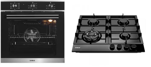 Pachet Samus ONL8 Cuptor incorporabil Samus SC628GX9, 2800 W, 75 l, 9 Functii, Grill, Clasa A  + Plita incorporabila PSG-64SMB1, 4 arzatoare pe gaz, 1 arzator triplu, Montata pentru gaz natural (Negru)
