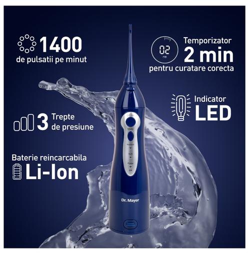Dus bucal portabil Dr.Mayer WT3100, Tehnologie Multi Pulse, presiune de la 40 la 90 PSI, 3 moduri de curatare (normal, sensibil si pulsat), Rezervor 150 ml, 2 capete curatare, WT3100BU (Albastru)