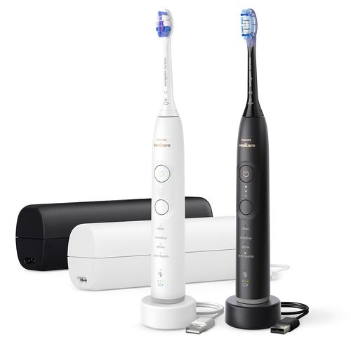 Set periute de dinti electrice Philips 7100 HX7429/02, 3 viteze, 4 programe, 62000 oscilatii, Bluetooth, 2 capete incluse, 2 huse, 2 incarcatoare (Alb/Negru)