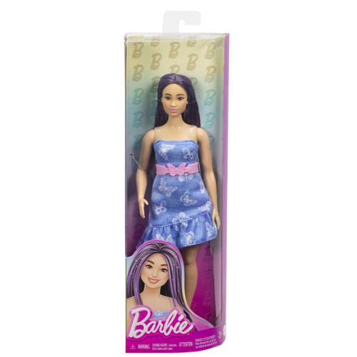 Papusa Barbie Fashionista cu parul mov si rochita cu fluturasi