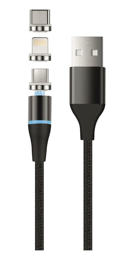 Cablu Incarcare USB-A - Lightning / microUSB / USB-C Setty Magnetic DT 3in1, 12.5W, 1m, Negru