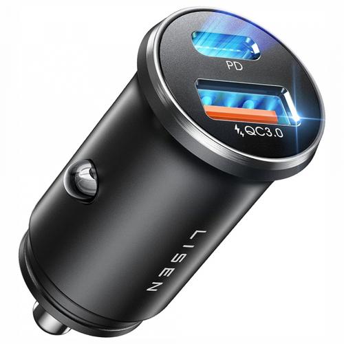 Incarcator auto Lisen, 36W, 3A, 1 x USB-A - 1 x USB-C (Negru)