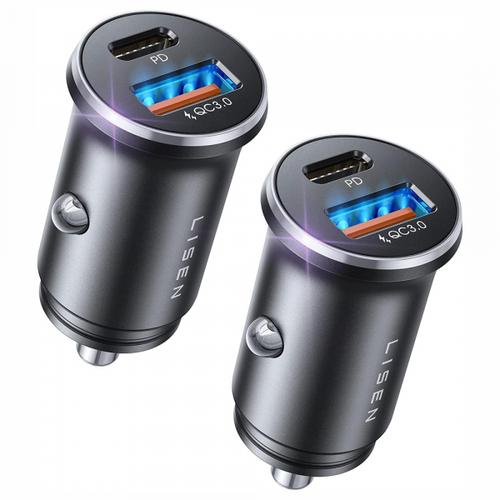 Incarcator auto Lisen, 36W, 3A, 1 x USB-A - 1 x USB-C, 2 bucati (Negru)
