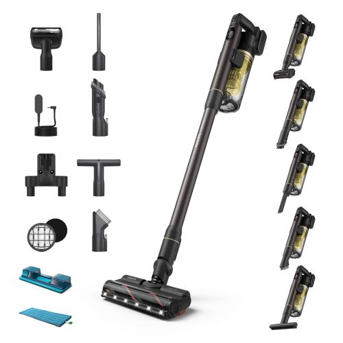 Aspirator vertical Philips XC7167/01 Seria 7000, Autonomie pana la 80 min, Recipient 0.6 l,  Perie moale cu LED, accesoriu spatii inguste cu LED, accesoriu pentru tapiterie cu LED, filtru suplimentar, cap de aspirare PetPro (Negru/Galben)