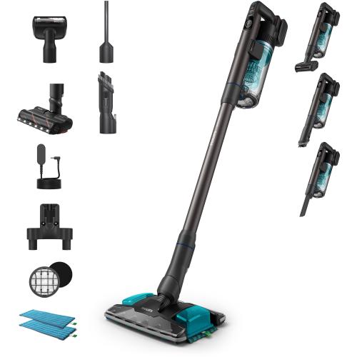 Aspirator vertical Philips XC8155/01 seria 8000, Autonomie pana la 80 min, Recipient 0.6 l, cap de aspirare si mop Aqua Plus,  cap de aspirare PetPro, filtru suplimentar,1 laveta microfibra, suport statie de incarcare (Negru/Albastru)
