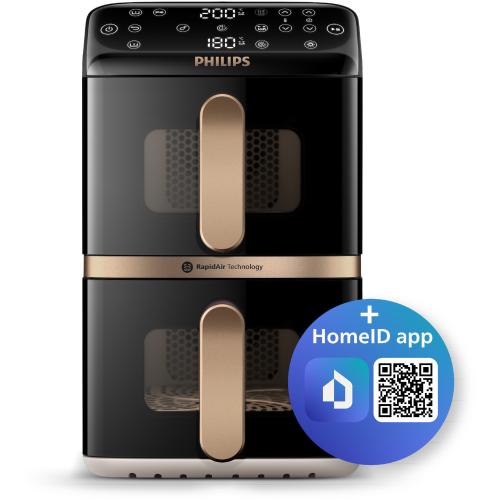 Friteuza cu aer cald verticala Philips Dual Stack Seria 4000, NA462/80, compact digital, 2 cosuri simetrice suprapuse cu ferestre si strat ceramic fara PFAS, capacitate totala 10L, 2750 W, 13-in-1 functii de gatire, 6 programe presetate (Al