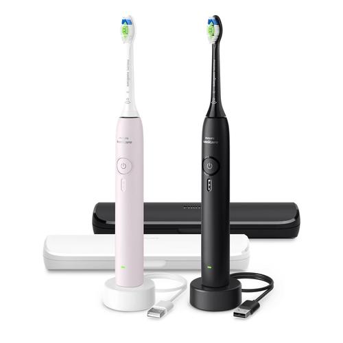 Set periute de dinti electrice Philips Seria 3100 HX4072/42, 3 viteze, 31000 miscari/minut, Indicator luminos, Timer, 2 capete, Huse calatorie (Roz/Negru)