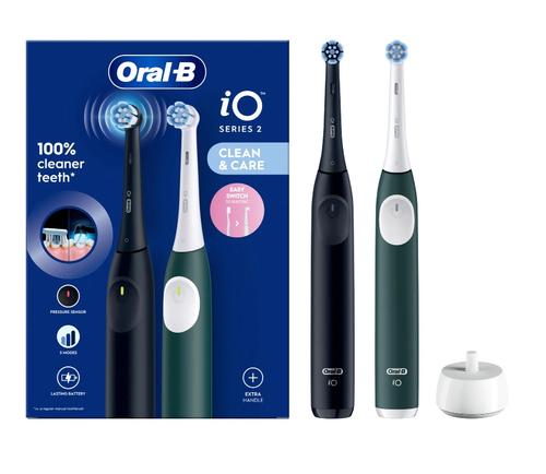 Set Periute de dinti electrice Oral-B iO2, 3 moduri periaj, 2 capete incluse, Senzor de presiune (Negru/Verde)