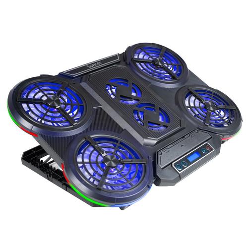 Stand SPACER notebook 17″ Gaming, grila ABS, 4x10cm LED fan 1400RPM, 6 niv. Turatie, 7 trepte inaltime, RGB 10 jocuri, Suport telefon, Negru