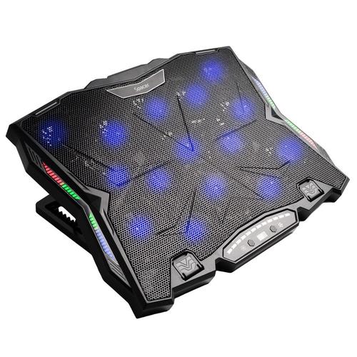 Stand SPACER notebook 17″ Gaming, sita metal, 15x6cm LED fans, 6 trepte turatie Max 2200RPM, 8 trepte inaltime, RGB 10 moduri, suport telefon, Negru