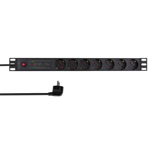 Prelungitor PDU LOGILINK 1U pentru rack 19 inch, 7 prize Schuko, intrare Schuko, max 16 A, ON/OFF, prot. suprasarcina, filtru de linie, IP20, 2 m (Negru)