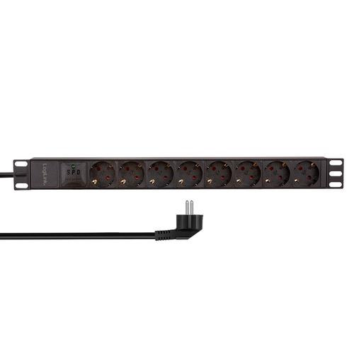 Prelungitor PDU LOGILINK 1U pentru rack 19 inch, 8 prize Schuko, intrare Schuko, max 16 A, protectie suprasarcina, IP20, 2 m (Negru)