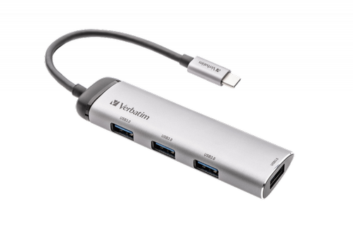​Hub USB Verbatim USB-C Multiport 4-in-1, 4x USB-A 3.2 Gen 1, Carcasa din Aluminiu, Cablu 15 cm, Indicator LED, Compatibil cu Windows si Mac OS (Argintiu)​