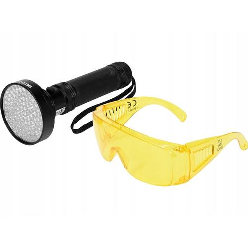 Set lanterna UV si ochelari de protectie Yato YT-08582, Aluminiu, 100 LED-uri, 19.5 x 7.8 cm, Negru/Galben