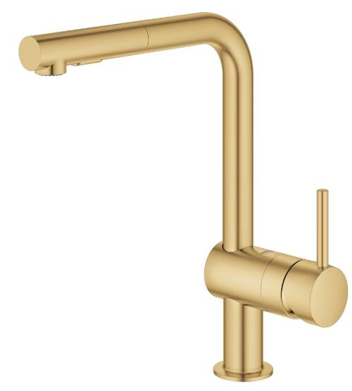 Baterie de bucatarie Grohe Minta 30274GN0, 3/8'', inalta, Tip L, us extractabil, mat, Auriu