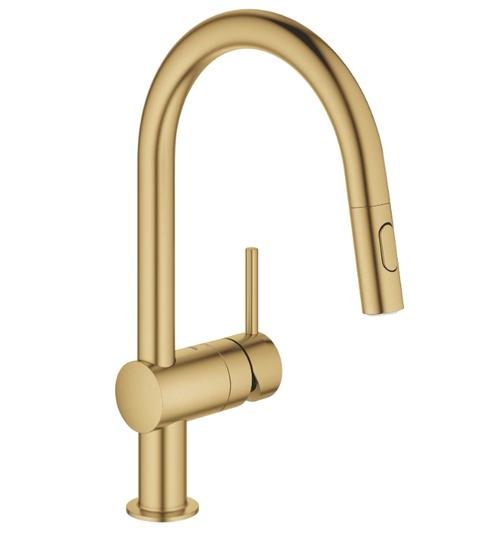 Baterie de bucatarie Grohe Minta 32321GN2, 3/8'', monocomanda, pipa inalta, dus extractabil, mat, Auriu