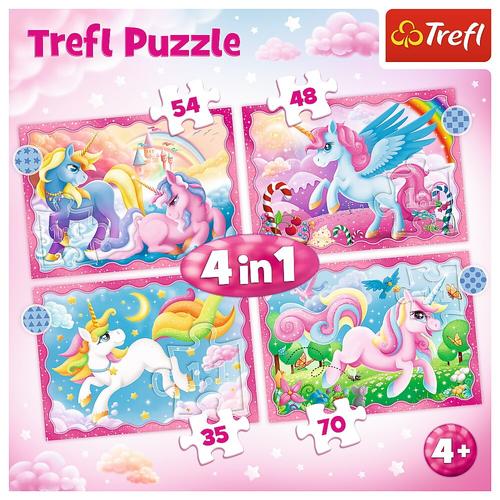 Puzzle Trefl 4 in 1 - Unicorni si magie, 35/48/54/70 piese