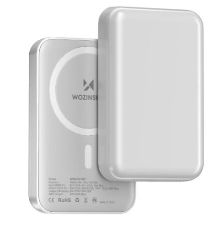 Baterie Externa Wireless WZK WRW349YWS, 10000mAh, 20W, PD + FQI, 1 x QI - 1 x USB-C, Alba