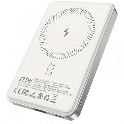 Baterie Externa Wireless BWOO BO-P82, 10000mAh, 22.5W, PD + FQI, 1 x QI - 1 x USB-C (Alb)