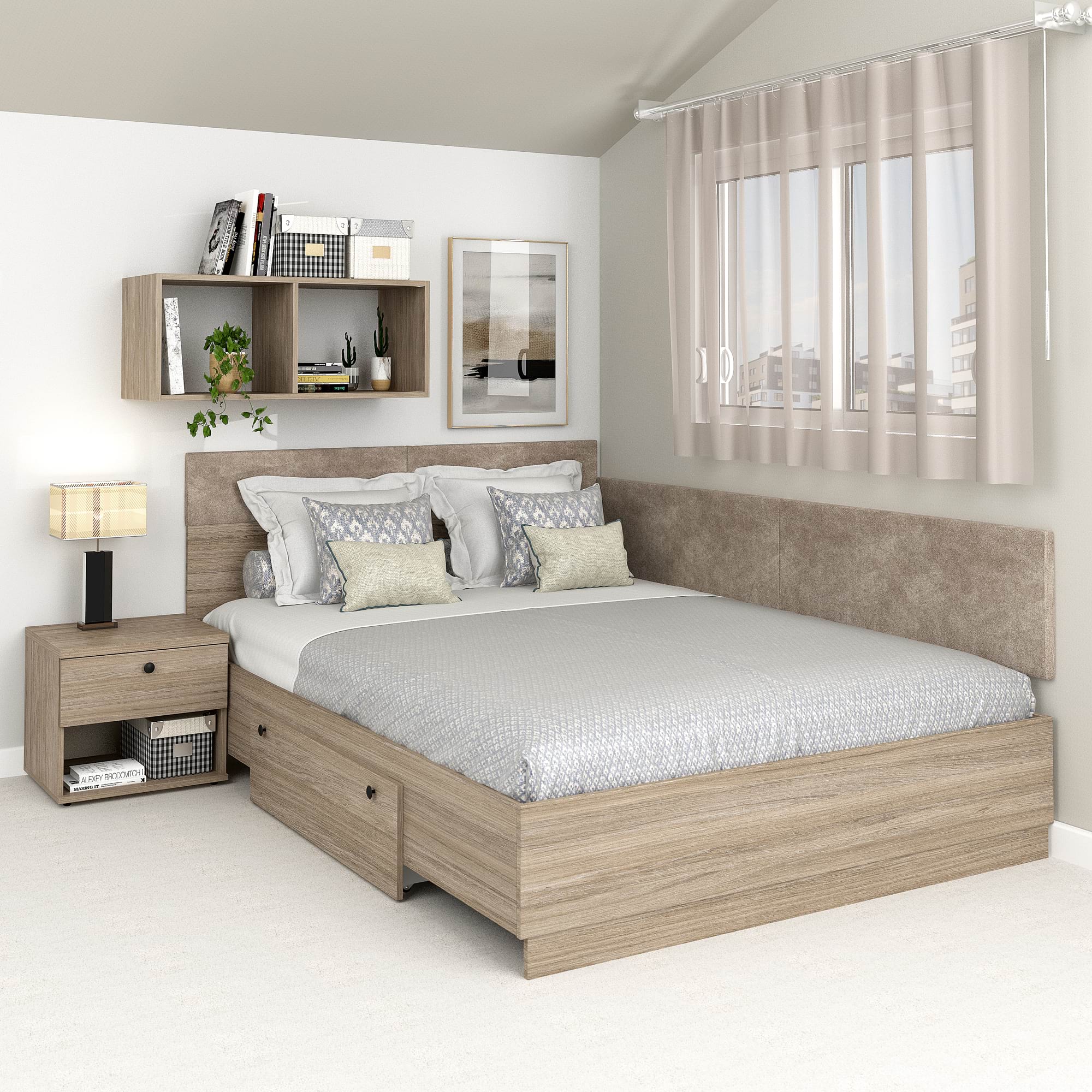 Pat colt AMBRO cu saltea si noptiera inclusa, sertar lateral, 140x200, Oak